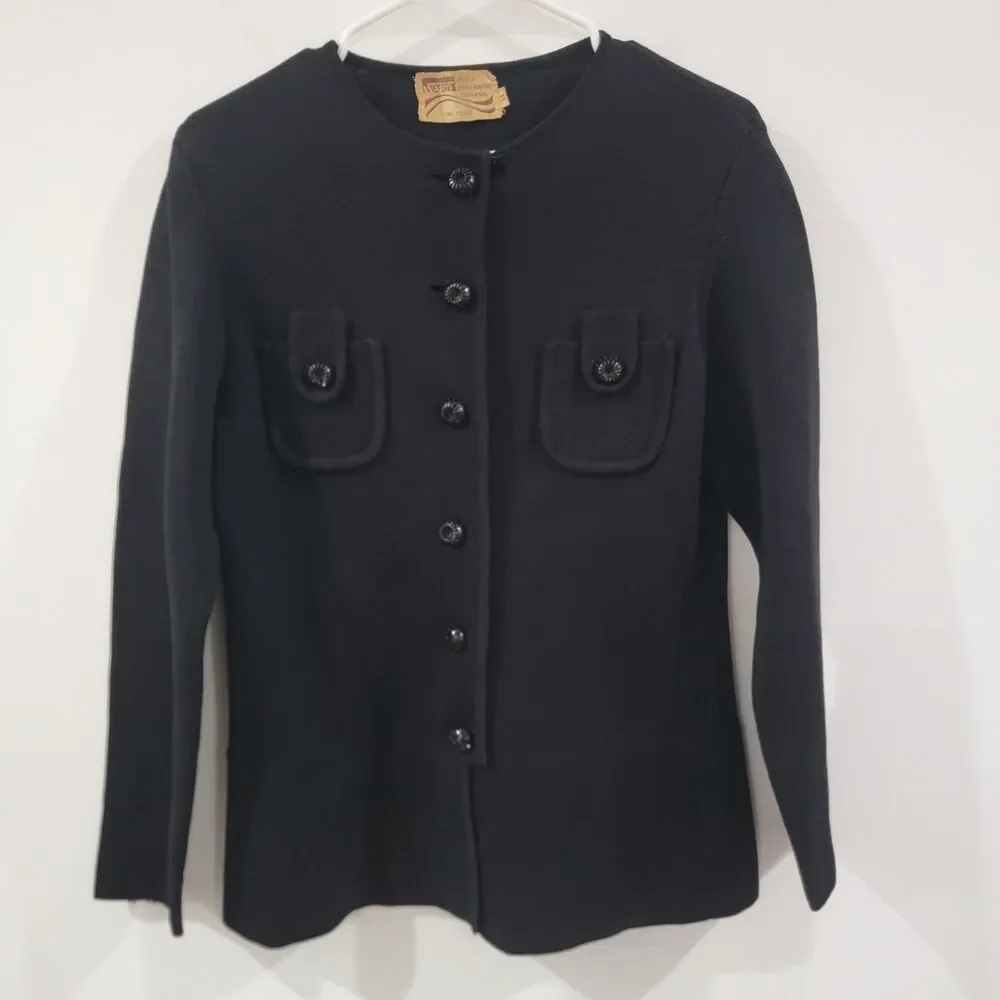 Vintage Montgomery Ward Womens Wool Cardigan‎ Sweater Size 14 Black